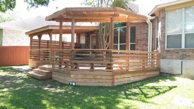 full deck, roof, and arbor, privacy fence, modern handrail,